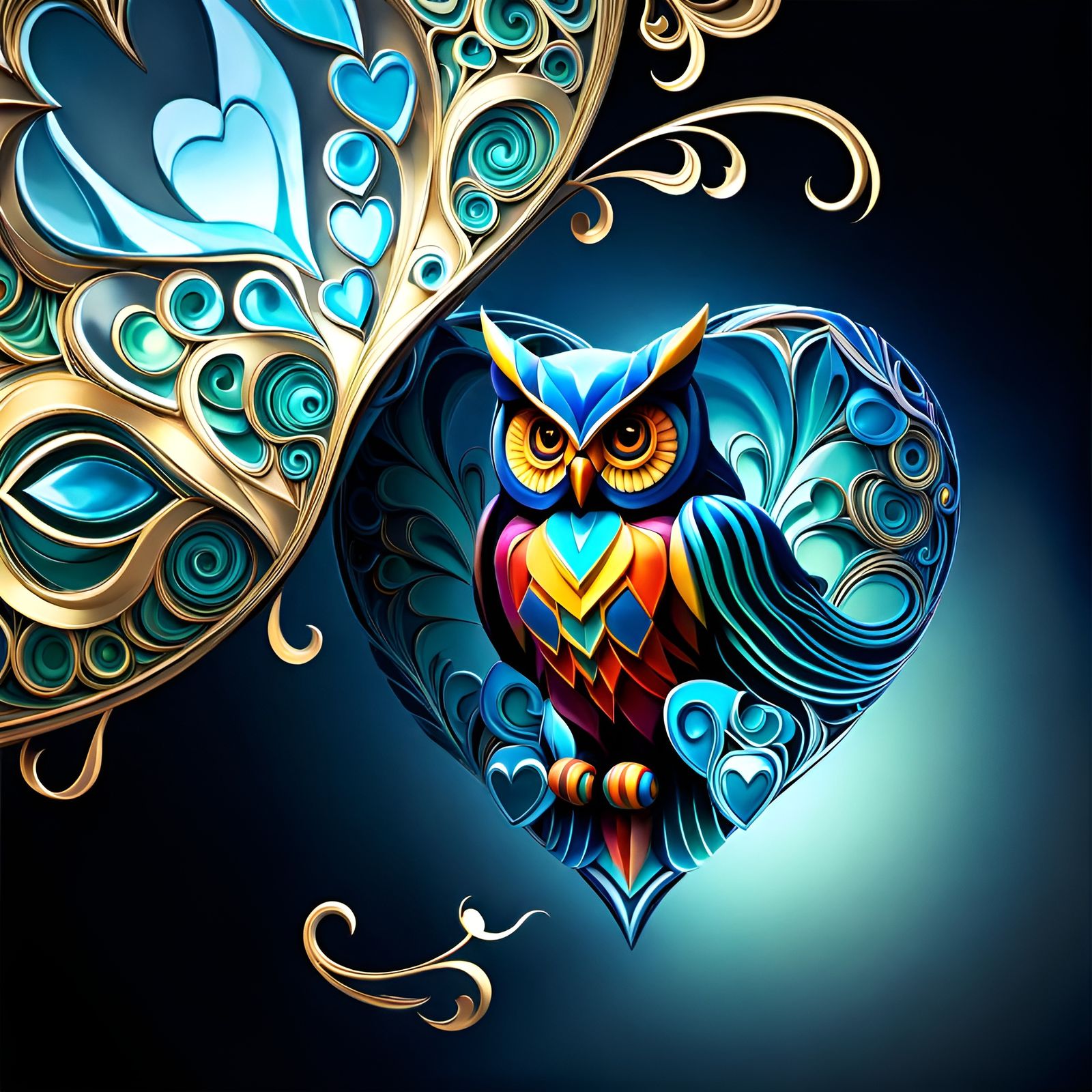 Art Deco Owl Composed of Fractal Hearts