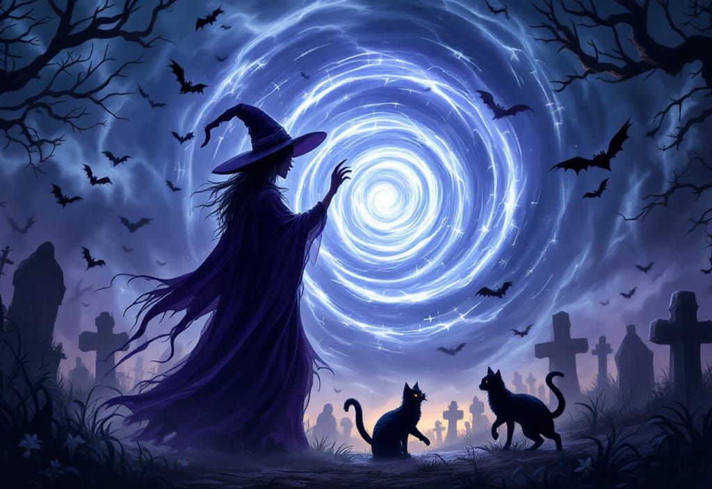Halloween Witch Casting Spell in Cemetery