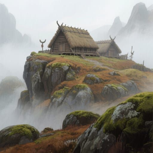 Misty Viking Village in Watercolor Style