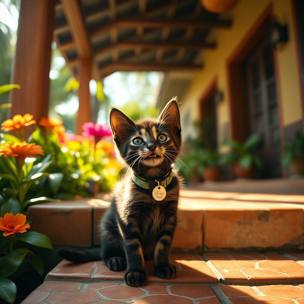 Tortoiseshell Kitten Basks in Warmth on South American Hotel...