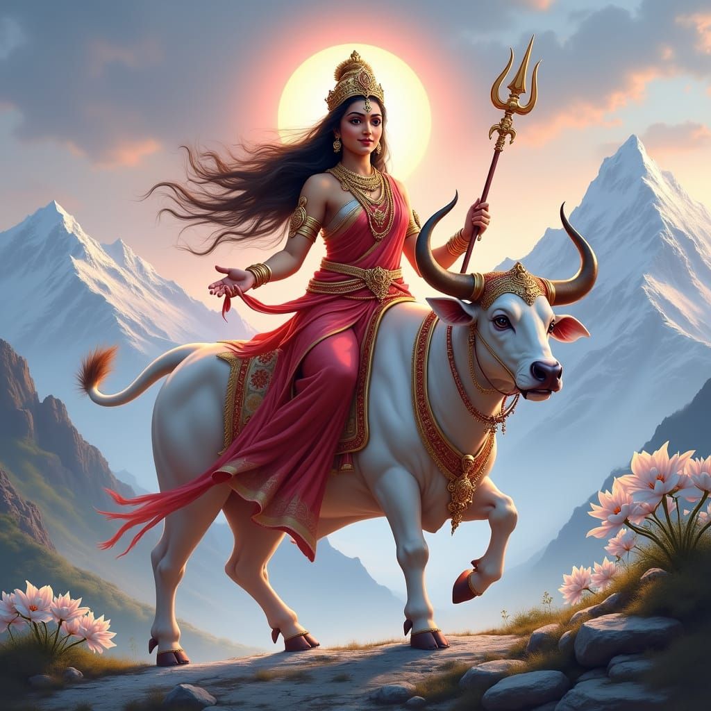Goddess Shailaputri on White Bull with Trident and Lotus