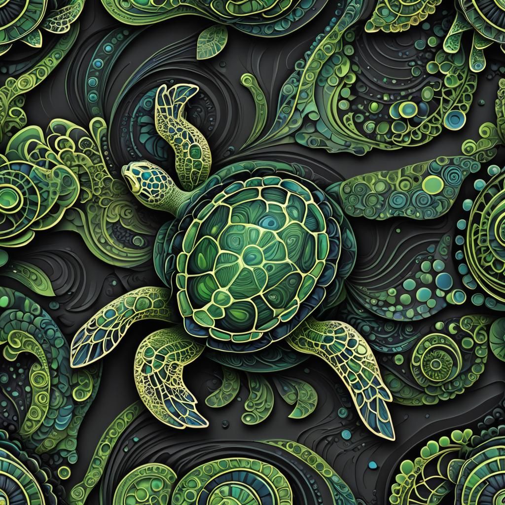 Green Turtle on Black Sand with Fractal Patterns