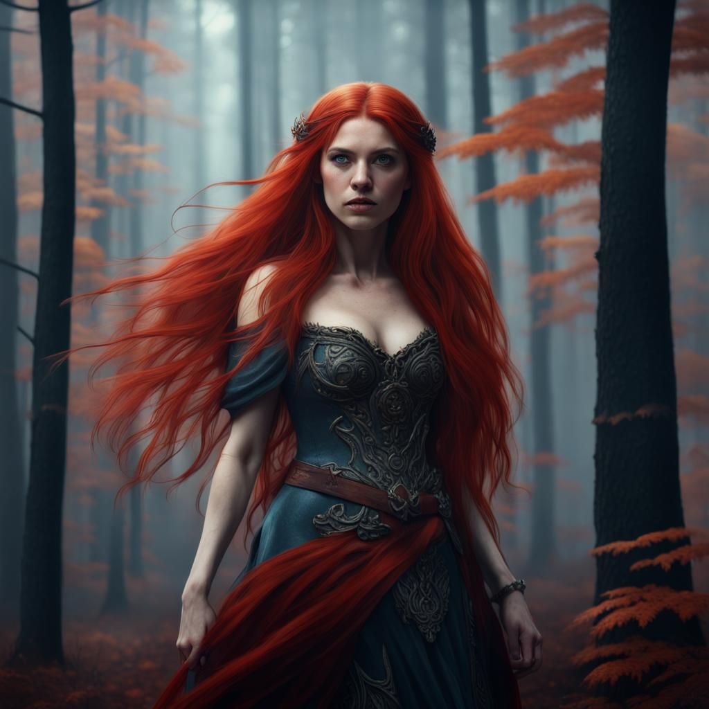 Red-Haired Beauty in Misty Forest with Wolf