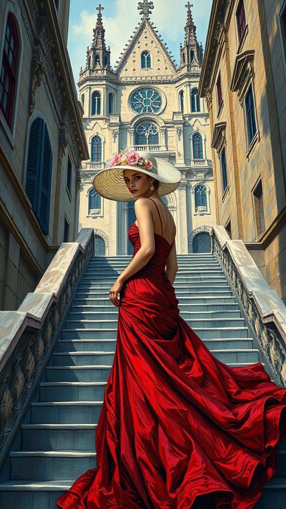 Elegant Woman in Red Gown on Stone Staircase, Van Gogh Style