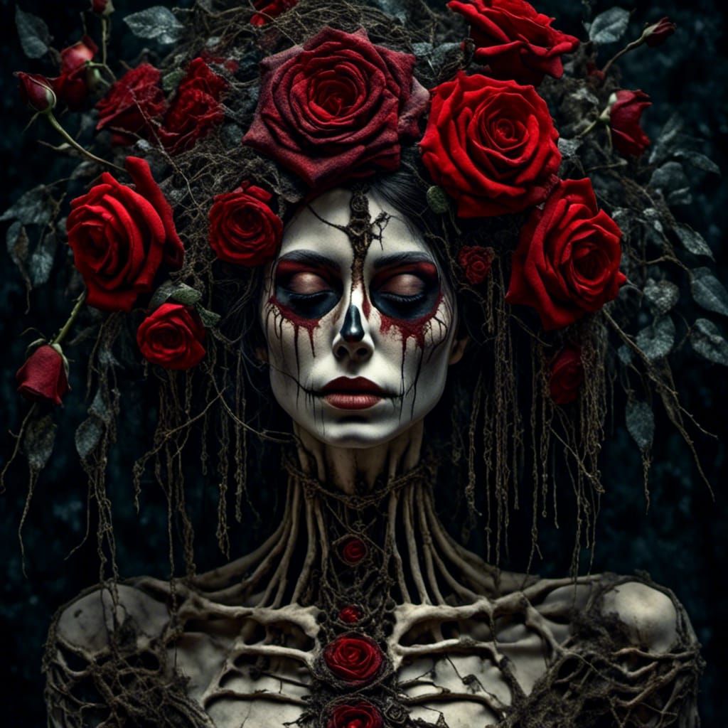 Gothic Red Rose with Skeletal Hands, Hyperrealistic