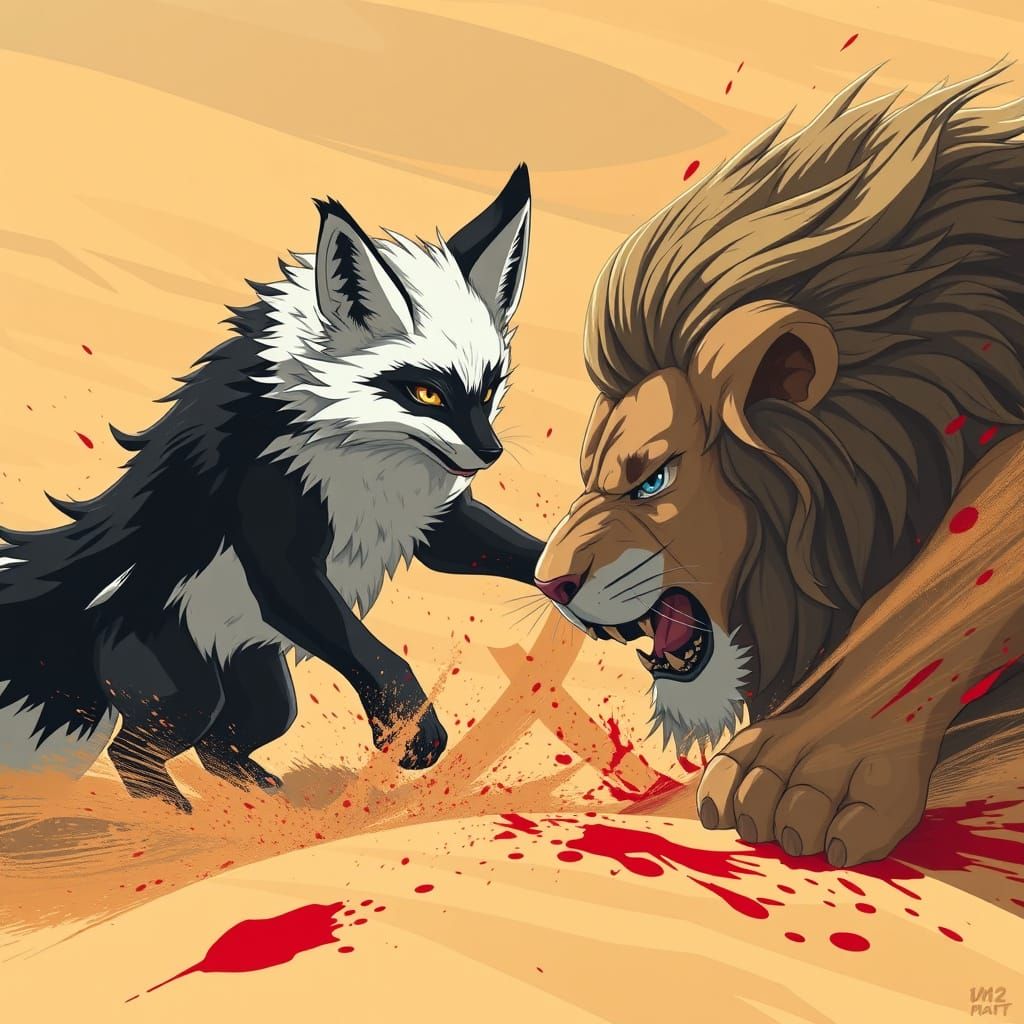 Majestic Fox vs Regal Lion in Epic Desert Battle