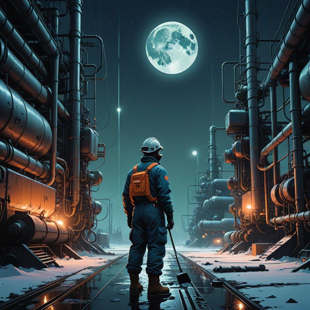 Industrial Technician Under Full Moon Repairing Cryogenic Va...