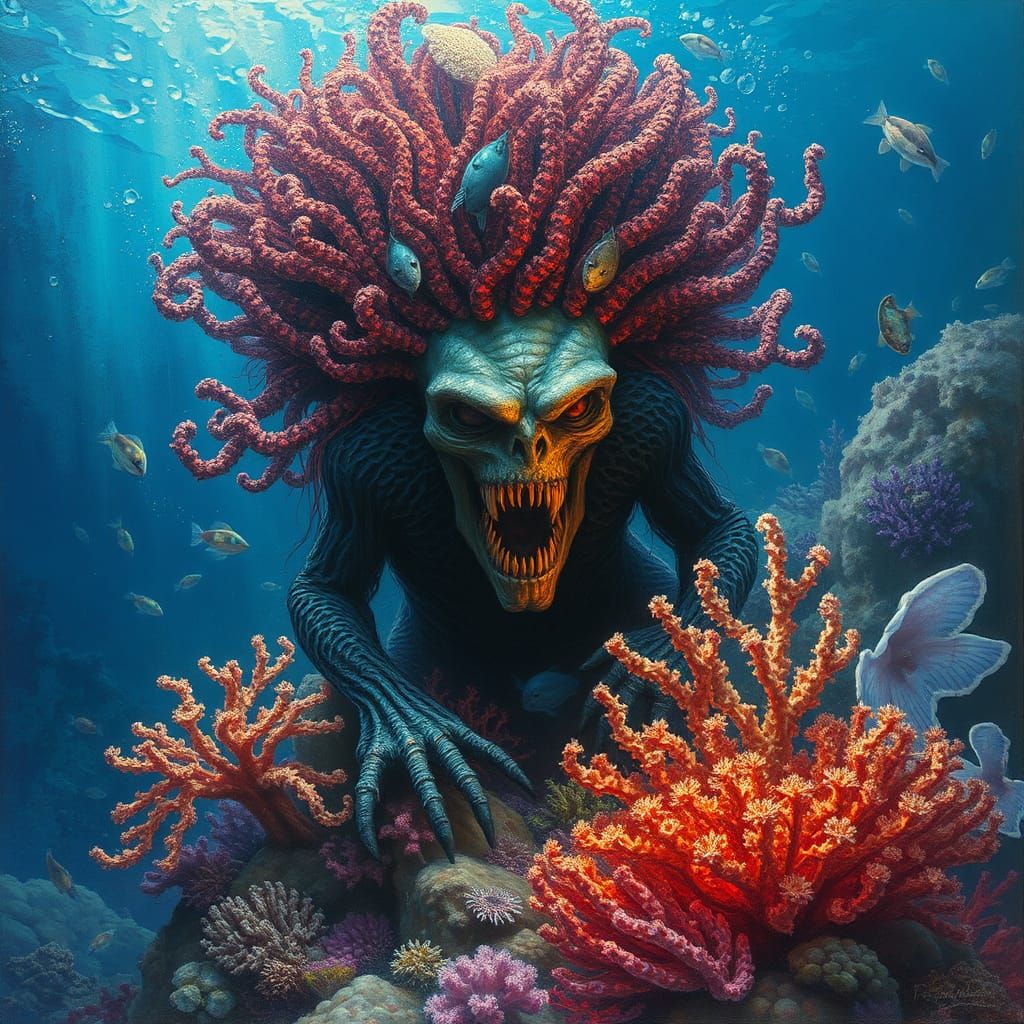 Sea Vampire in Coral Reef, Symbolist Style