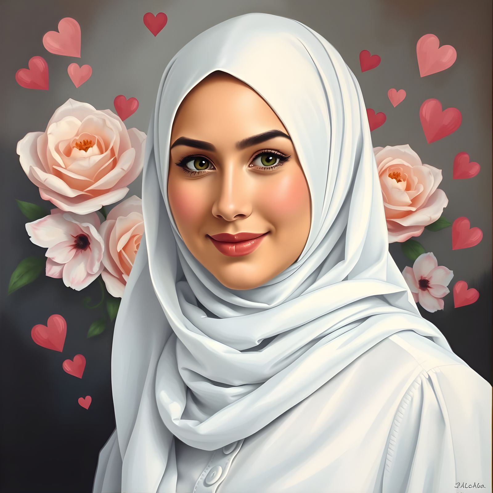 Beautiful Woman in White Hijab, Modern Oil Painting