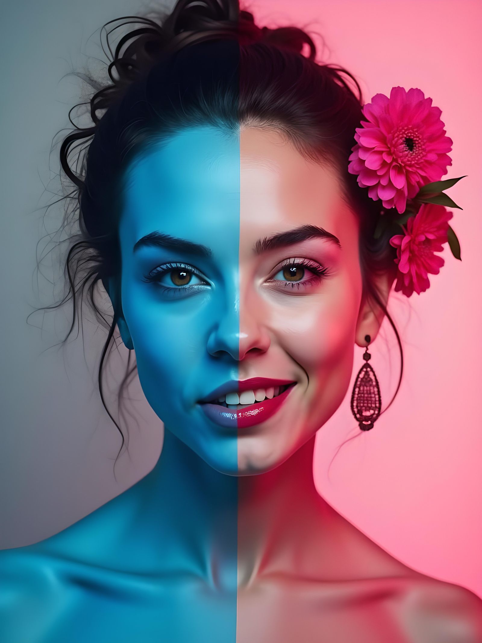 Split portrait (glum vs happy)