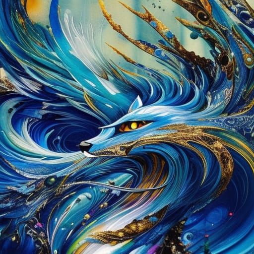 Detailed White Ink Fox with Blue Eyes