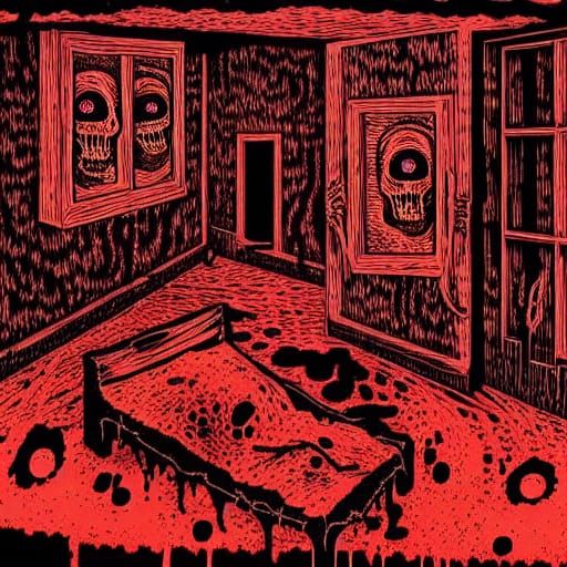 Haunted Flesh Room with Eyes: Expressionist Woodcut