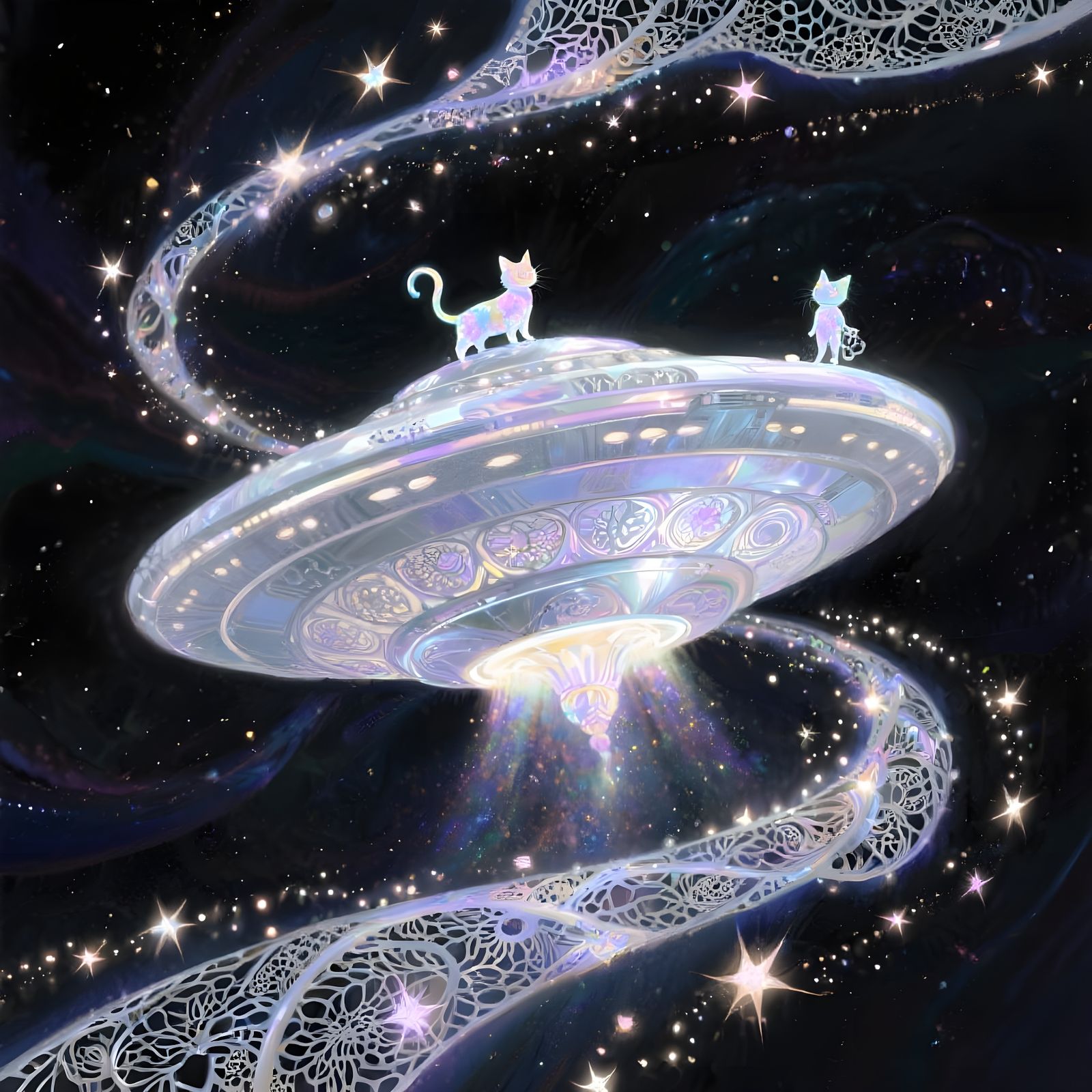 Elegant UFO Cat Spaceship in Starry Nebula