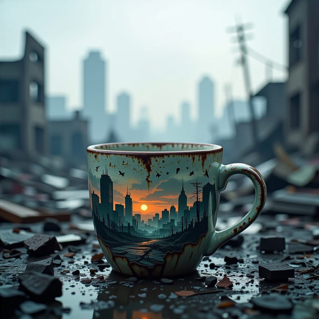 Post-Apocalyptic Cityscape Curving Around Coffee Mug