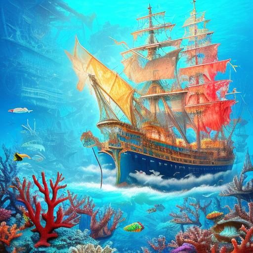 Vibrant Underwater Shipwreck with Giant Squid