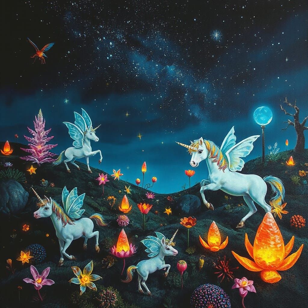 Enchanted Midnight Landscape with Glowing Flora and Unicorns