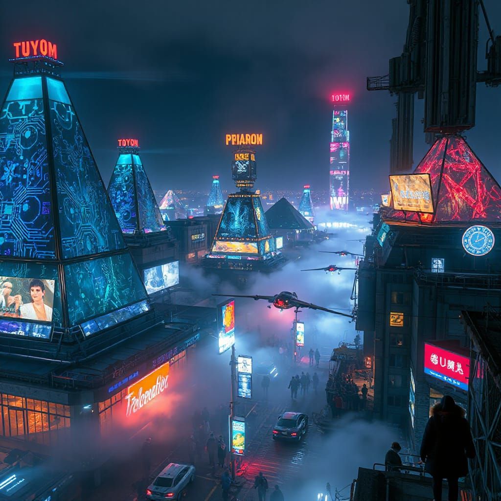 Futuristic Pyramid City at Night with Neon Glow