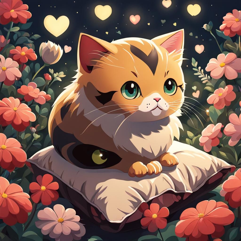 Cute Cat with Flowers in Pokémon Art Style