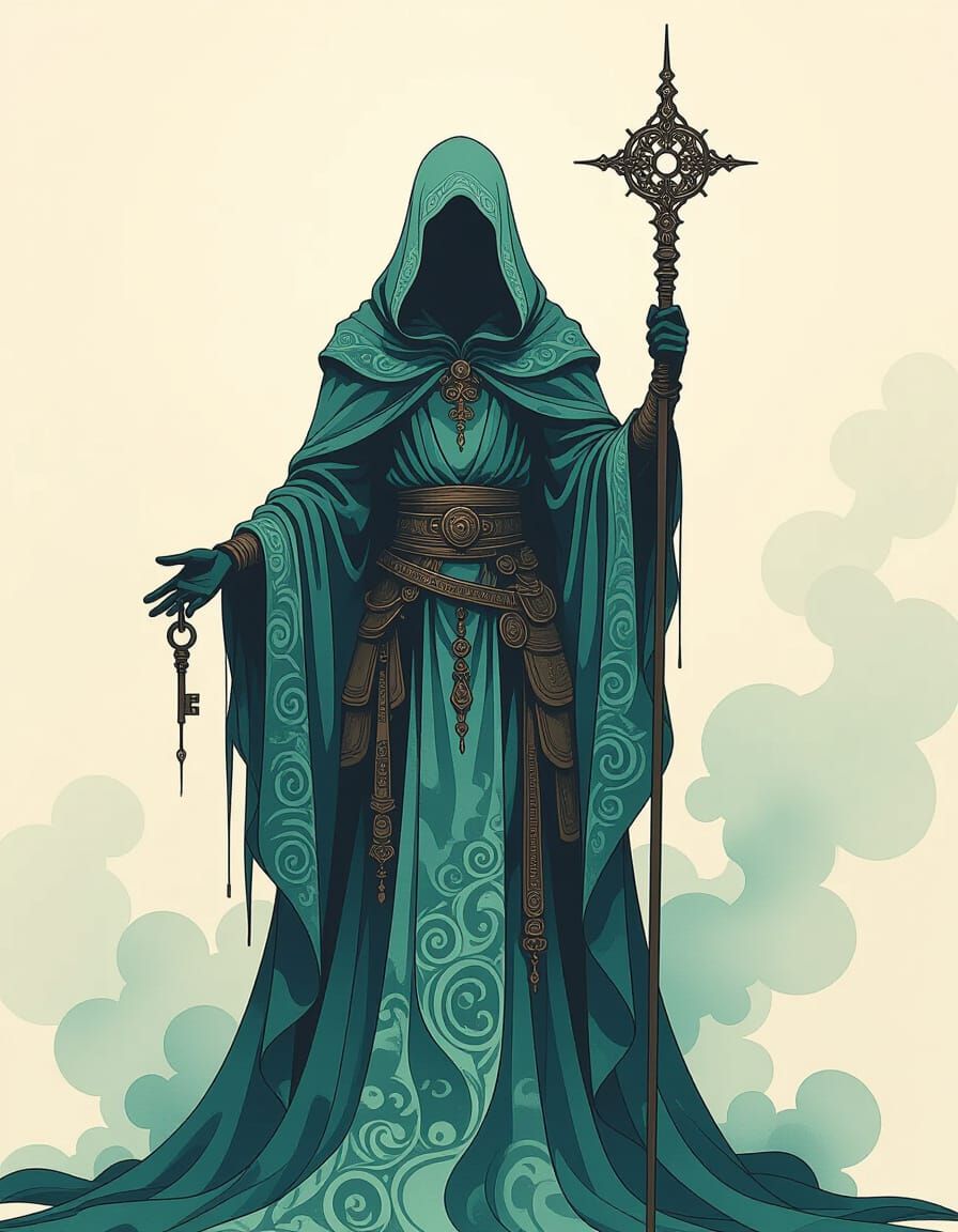 Mystical Gatekeeper with Key as Abstract Alcohol Ink Sketch