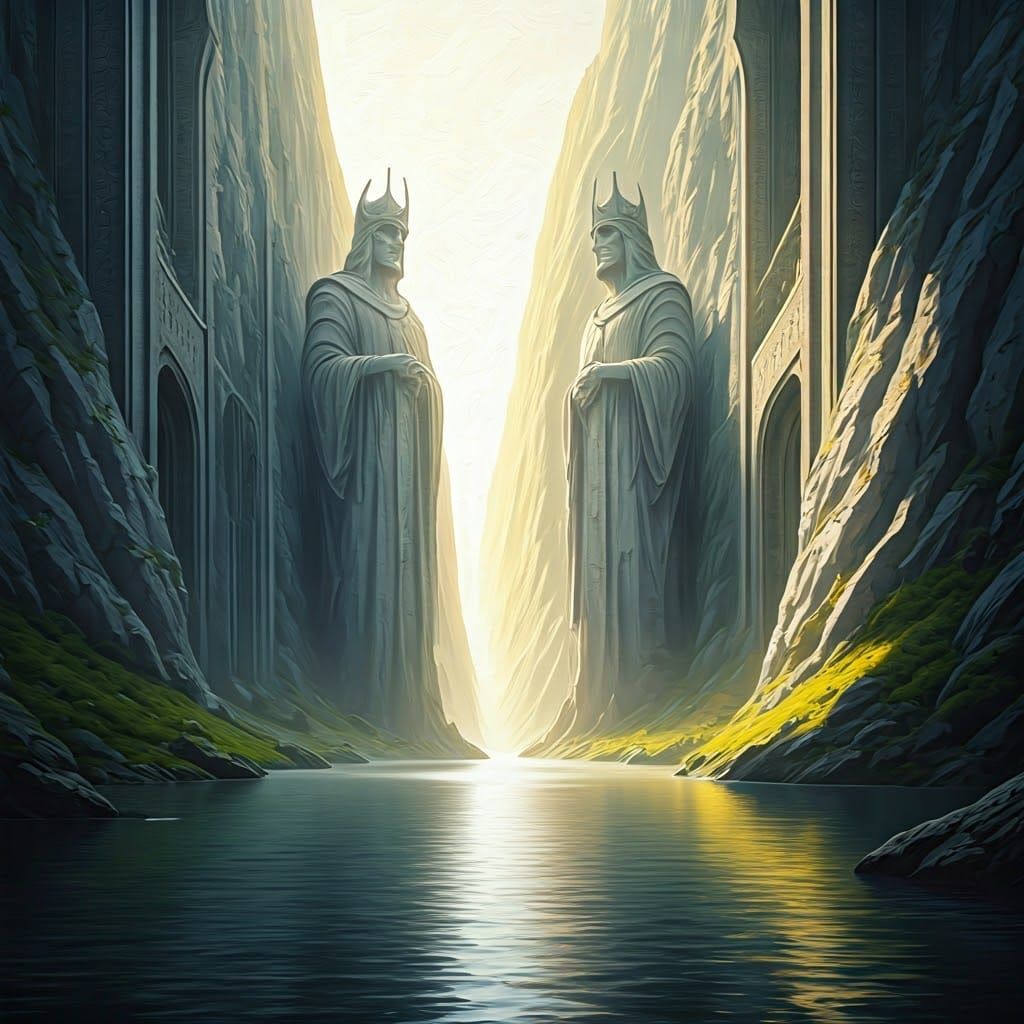Majestic Argonath: Pillars of the Kings in Oil Painting
