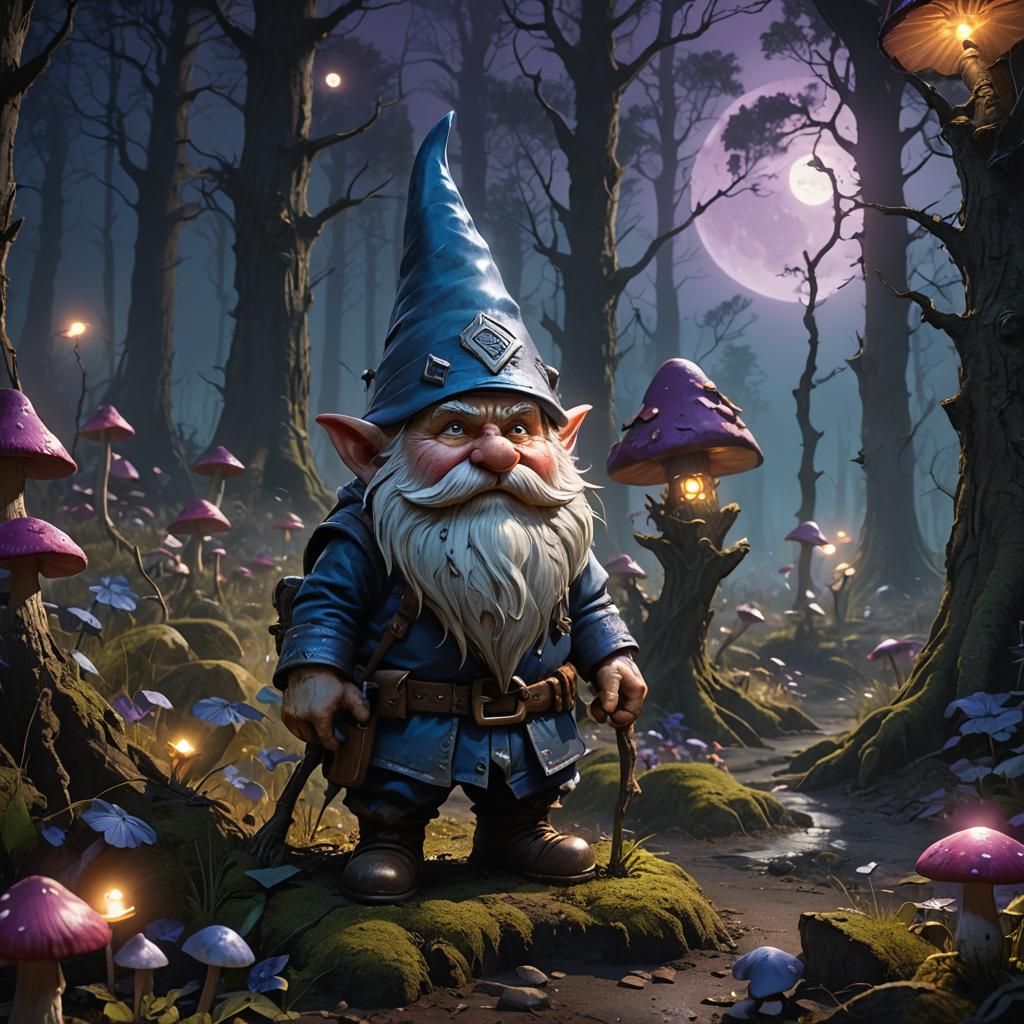 Angry Guardian Gnome in Moonlit Forest