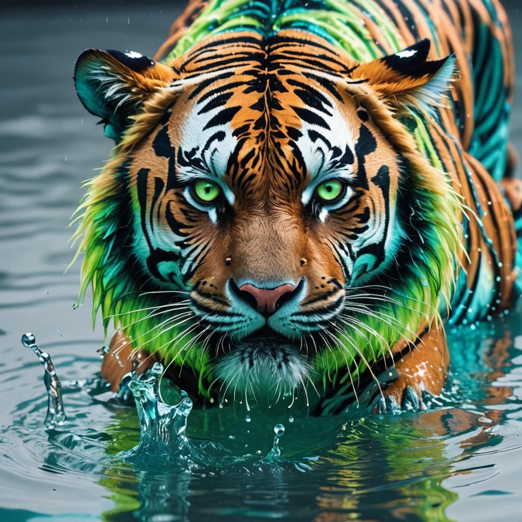 Neon Tiger Sipping Water with Neon Reflection