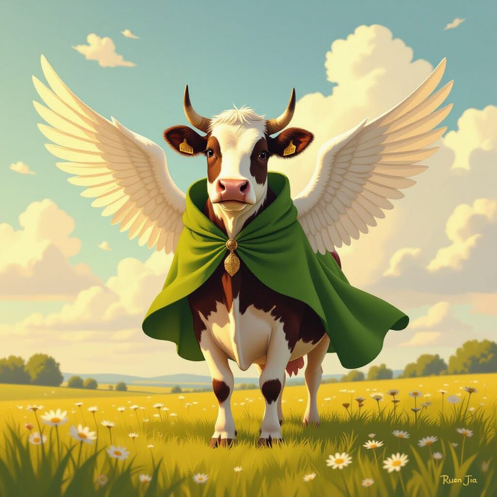 Happy Cow with Wings Soaring in Sunny Sky