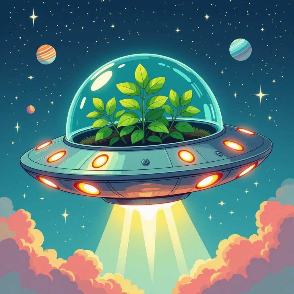Green Plant in Retro-Futuristic UFO: Gouache Painting