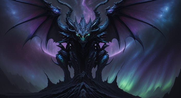 Celestial Dragon Soaring Through Nebula in Dark Surrealism