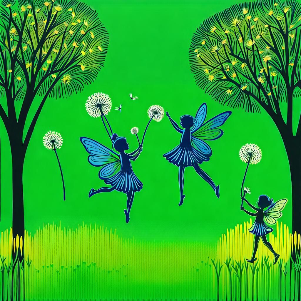Green Fairies Under Dandelion Trees in Crayon Style