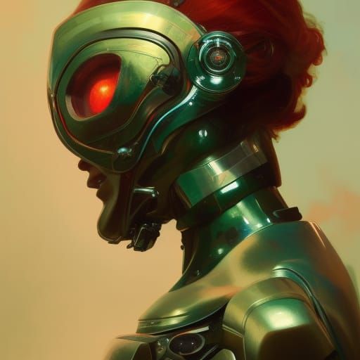 Red-Haired Woman in Mechanical Suit, Detailed Portrait