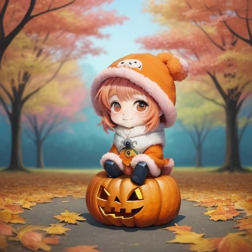 Chibi Anime Dog in Pumpkin Costume