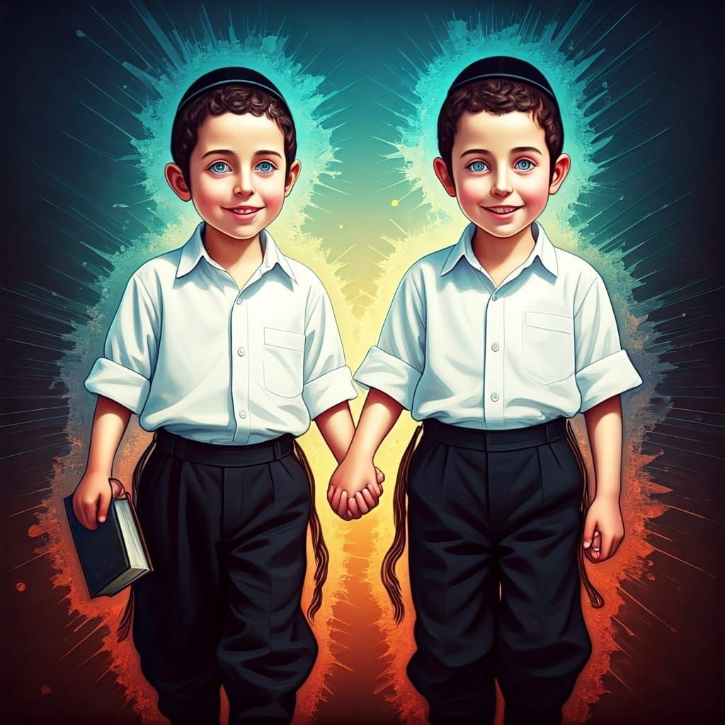 Hasidic Children Walking Hand-in-Hand: Hyperrealistic Art