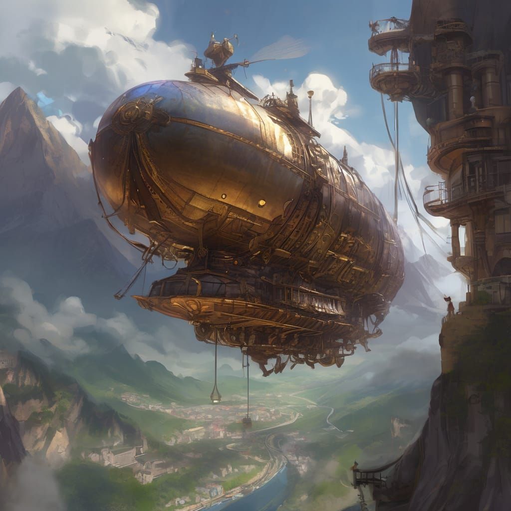 Steampunk Airship in Cloudy Sky, Vibrant Oil Painting