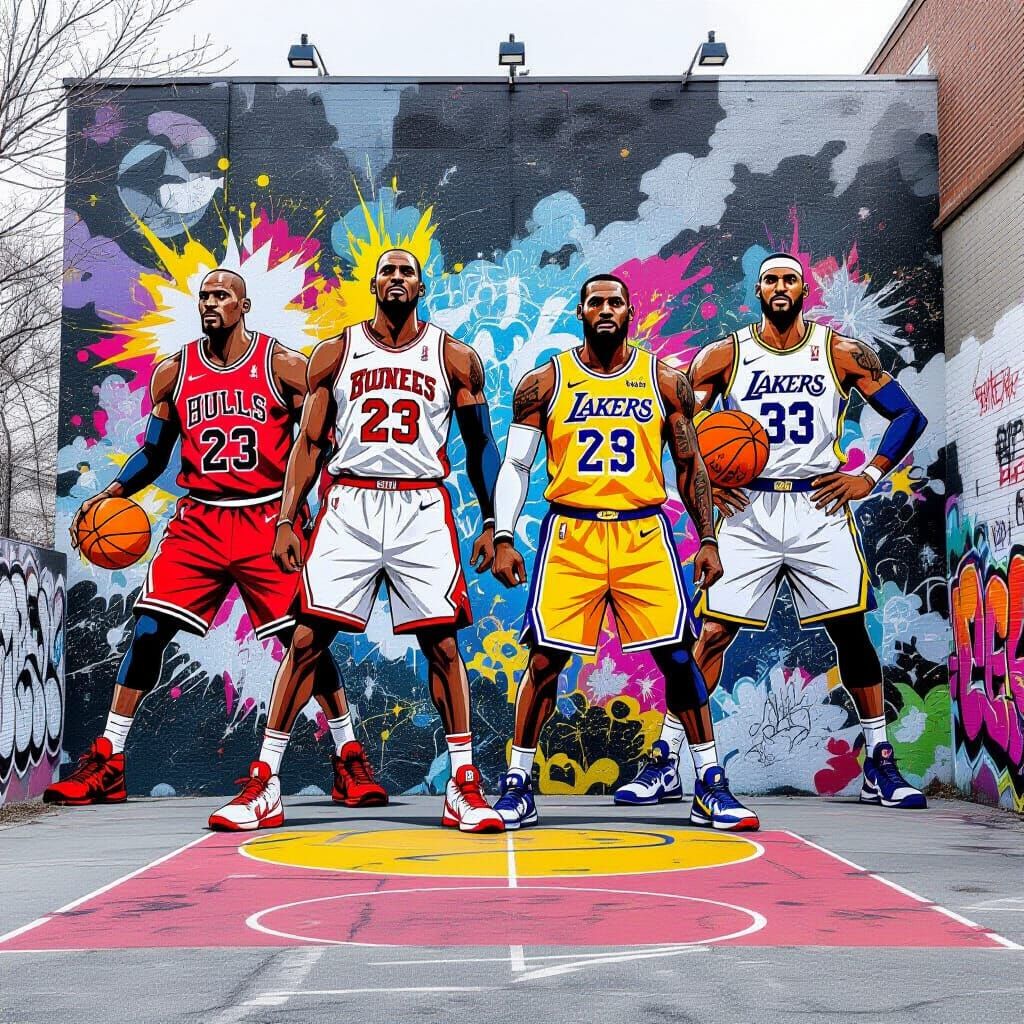 Anime-Style Mural of Basketball Legends on Urban Court