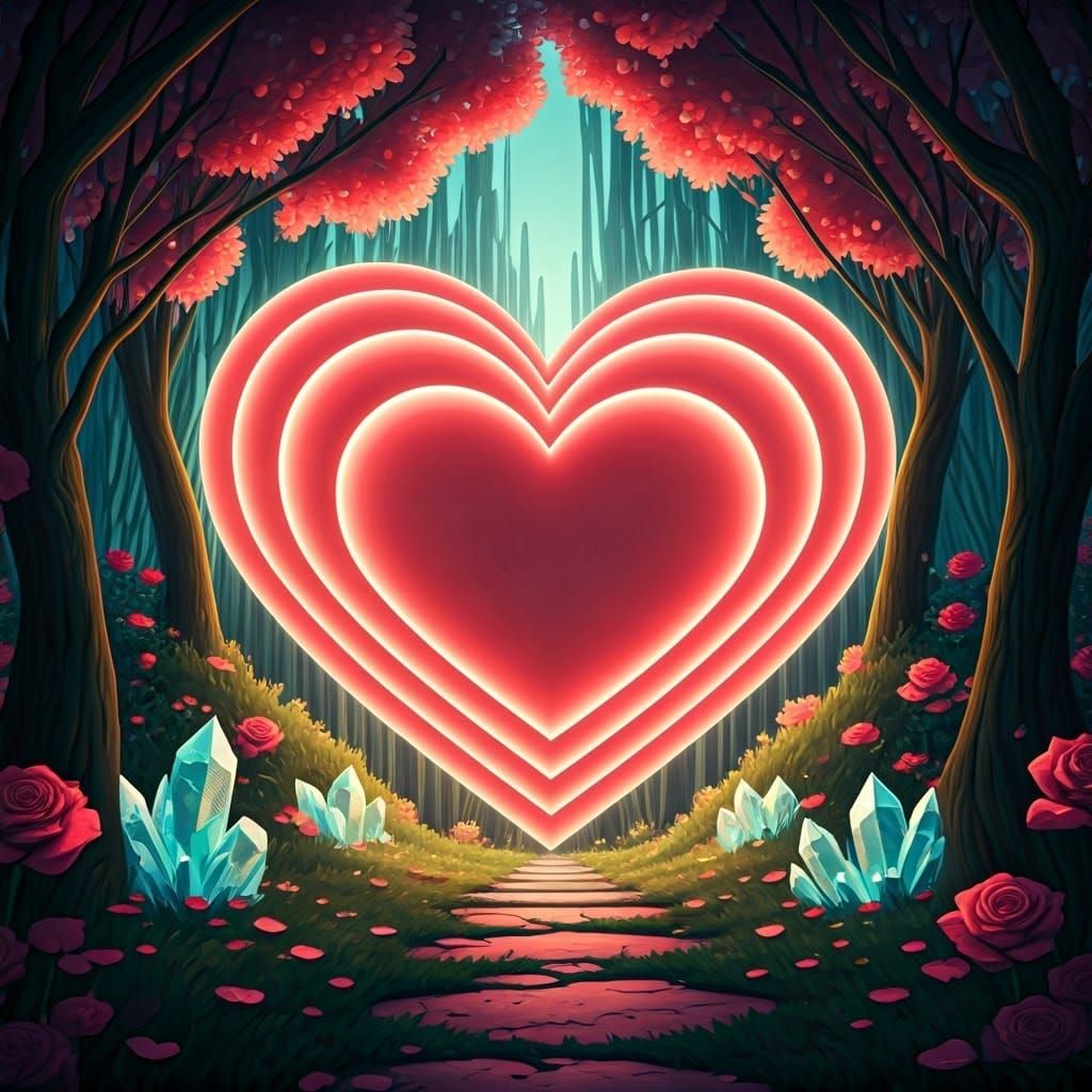Luminous Heart in Magical Landscape: 3D Render