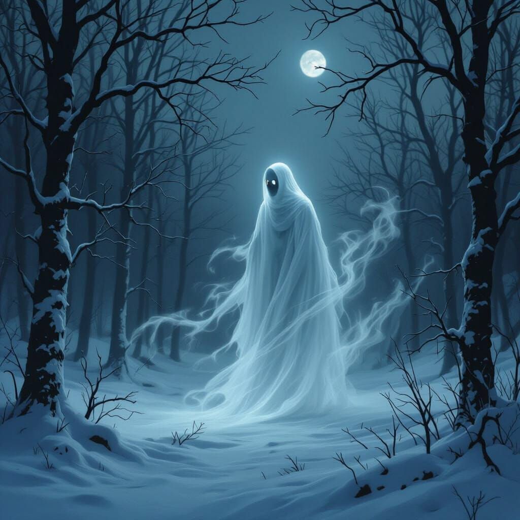 Ethereal Winter Ghost in Moonlit Gothic Forest