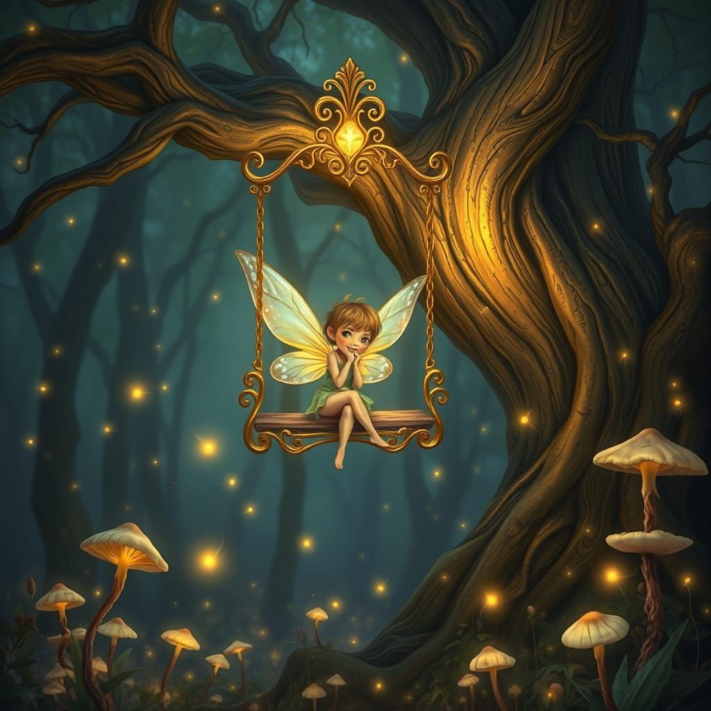 Enchanted Forest Fairy on a Glowing Tree Swing