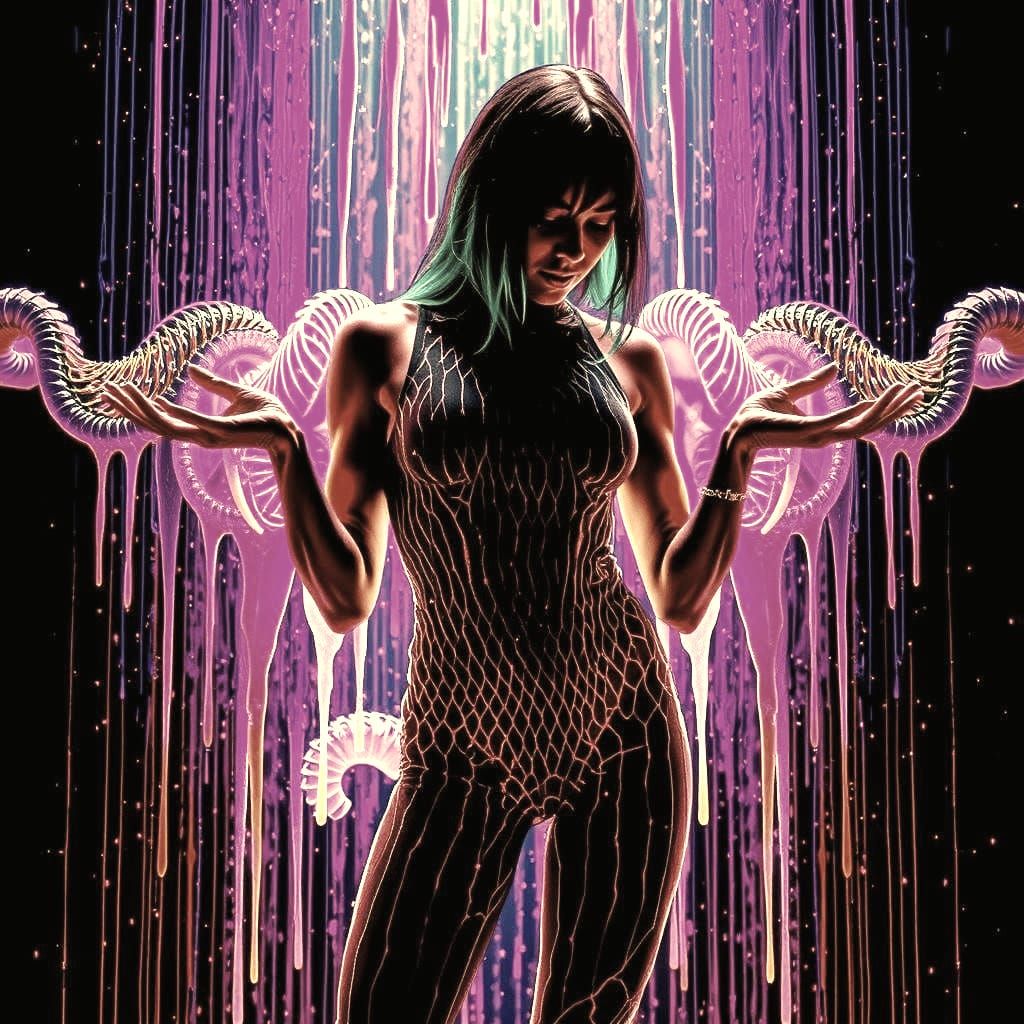 Technicolor Figure in Sheer Bodysuit with Quantum Entangleme...