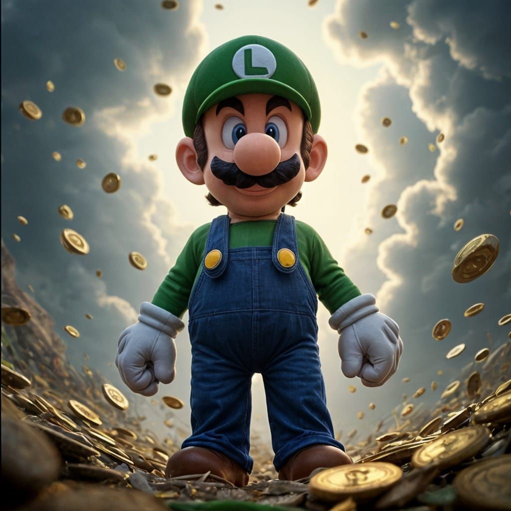 Luigi in Cryptocurrency Masterpiece, Cinematic Film Still