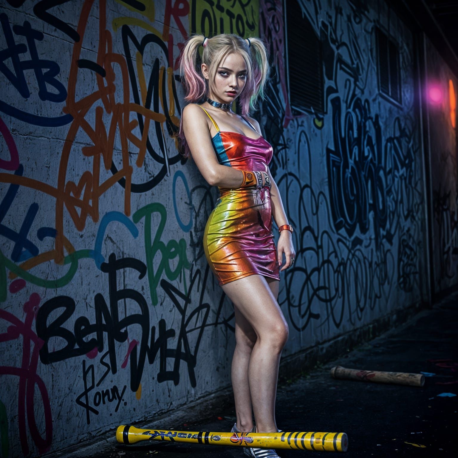 Hyperrealistic Harley Quinn in Neon Graffiti Alley