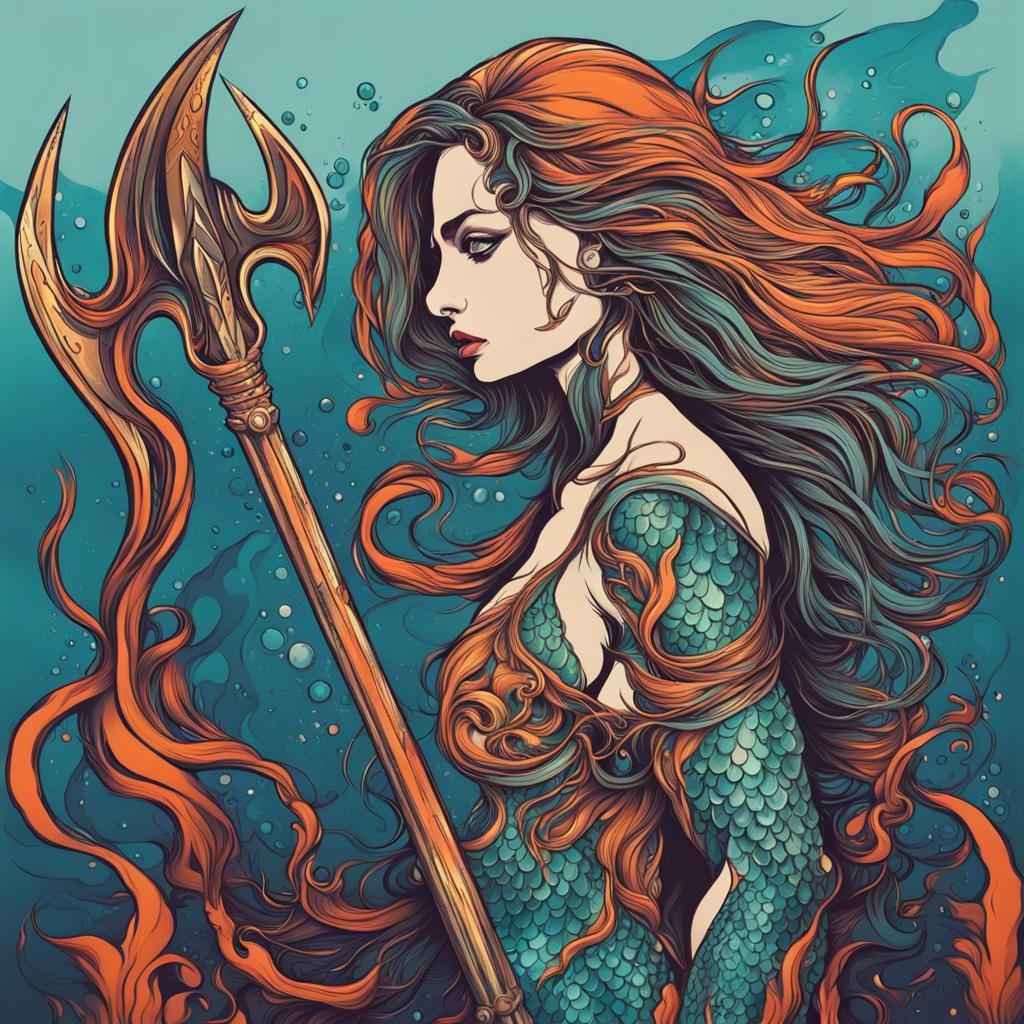 Mermaid Warrior with Trident in Abstract Art Style