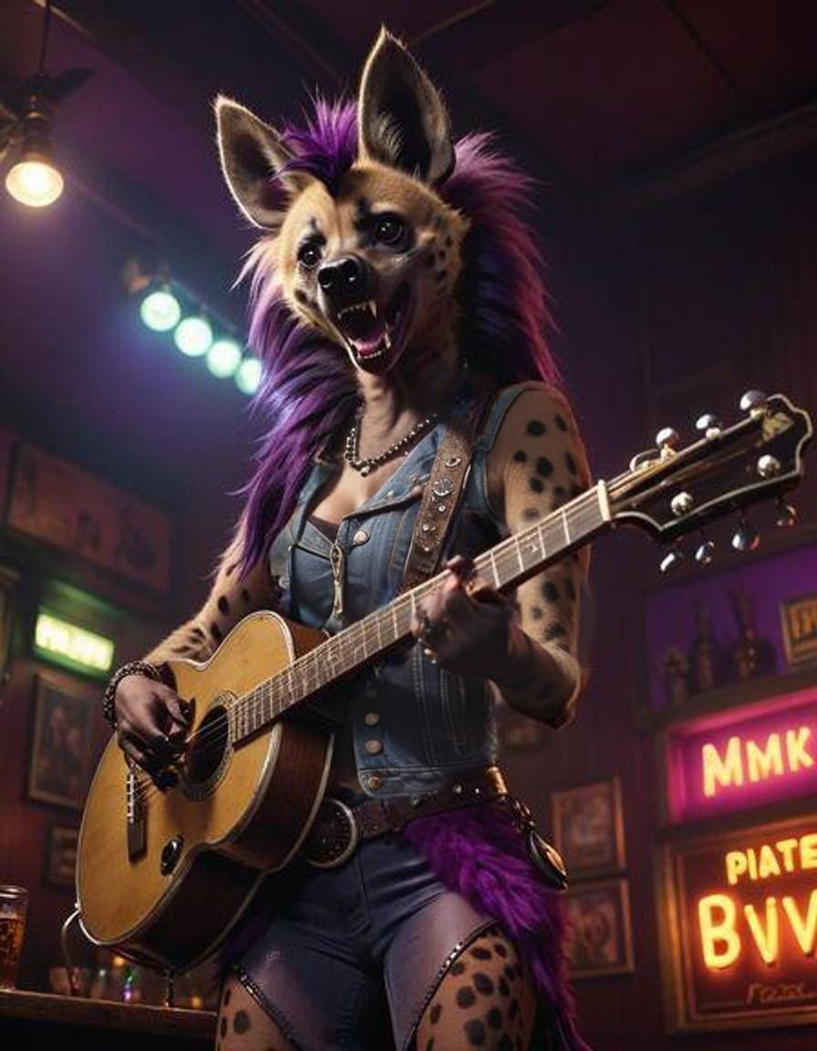 Furry Hyena Plays Banjo in Dive Bar
