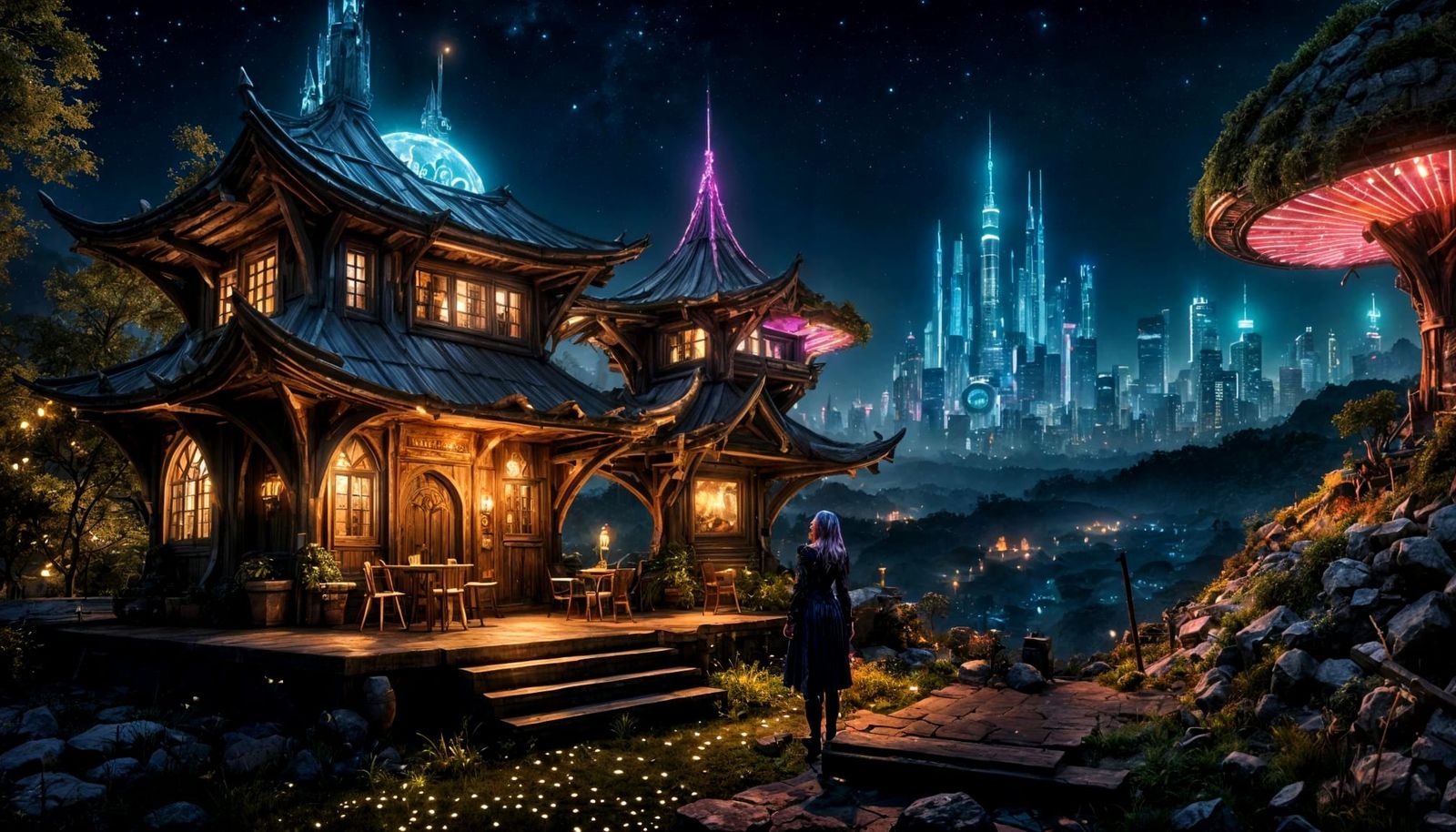 Cyberpunk Fairy Village at Night, Hyperrealistic Render