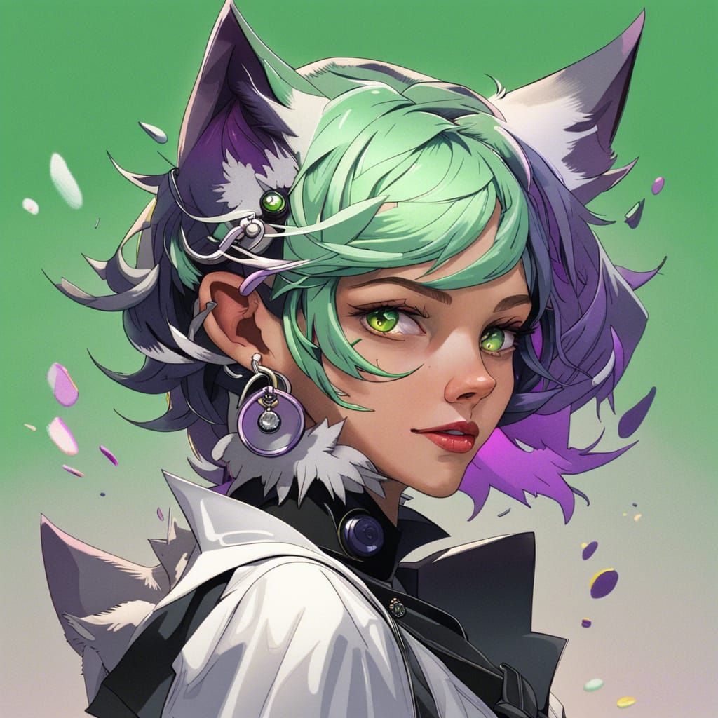 Wolf Maid with Purple Hair in Hyperreal Style