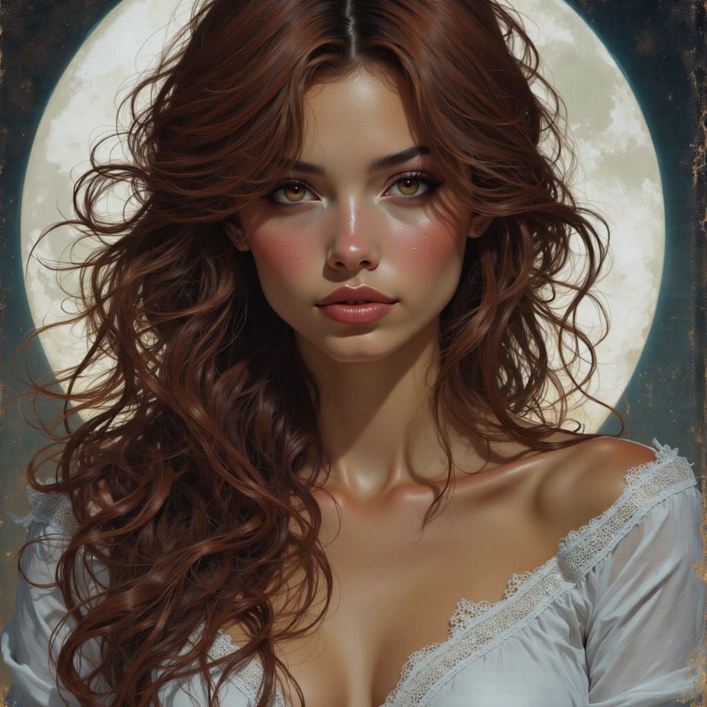 Surreal Cyberpunk Goddess with Wavy Chestnut Hair