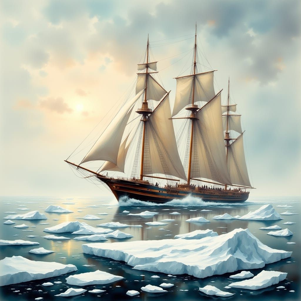 Large Ice breaking ship sailing through ocean ice sheets 180...