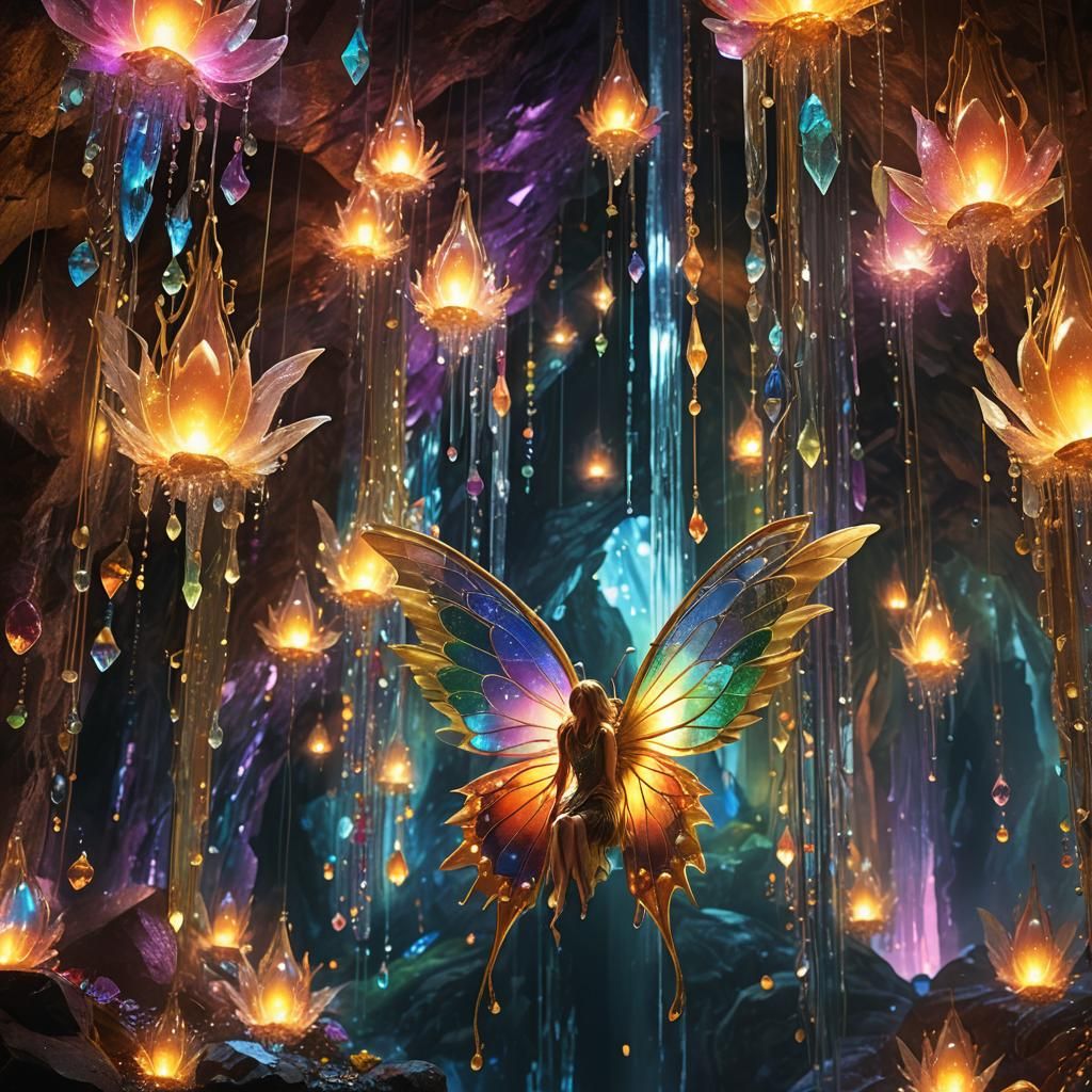 Fairies in Crystal Cave with Rainbow Waterfall