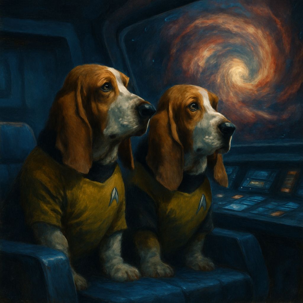 Basset Hounds in Starfleet Uniforms on Starship Bridge