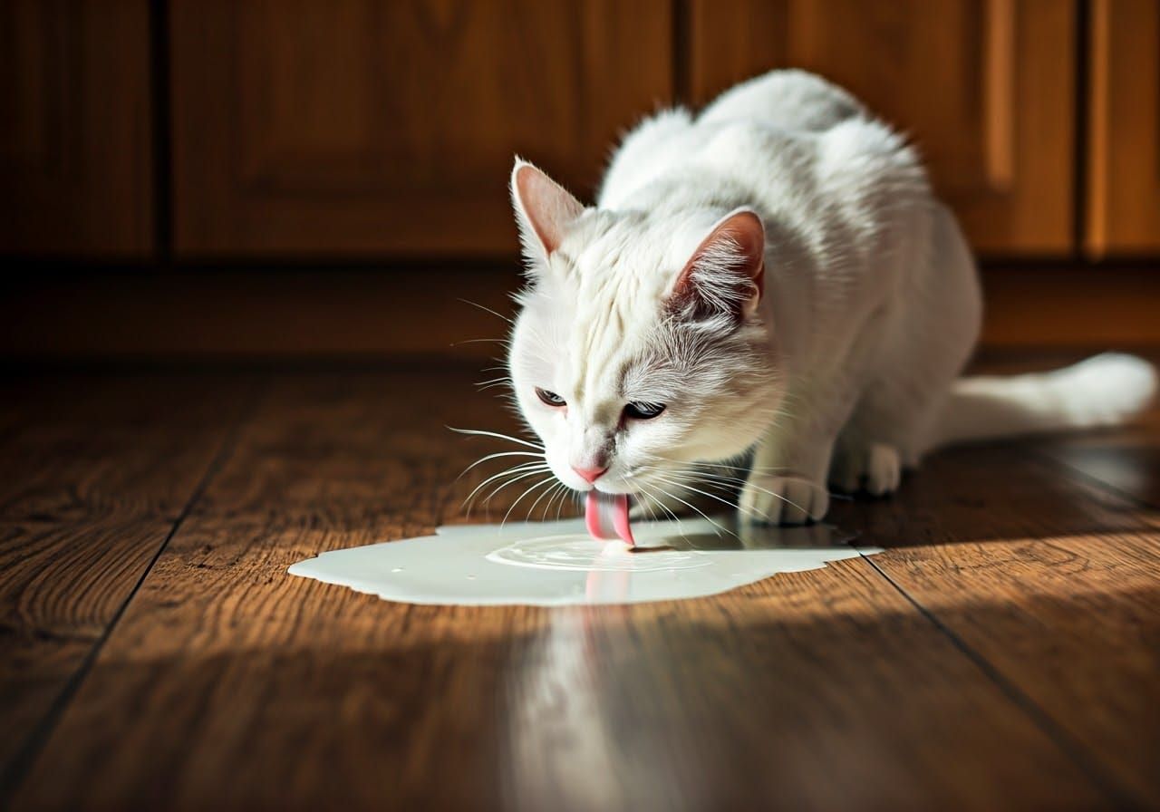 White Cat Lapping Milk in Sunlit Kitchen